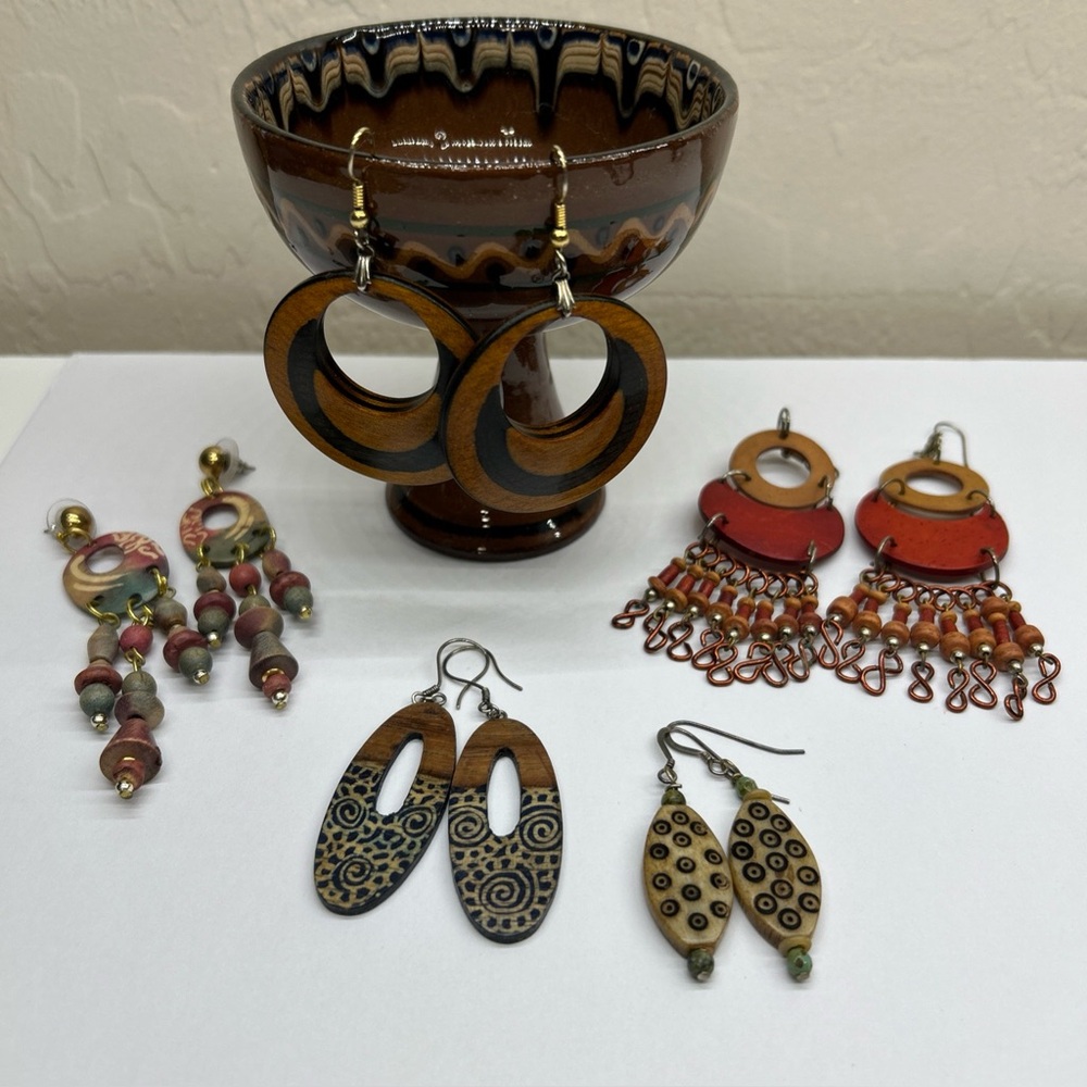 Handcrafted Artisan Wooden Boho Earrings 5 pairs